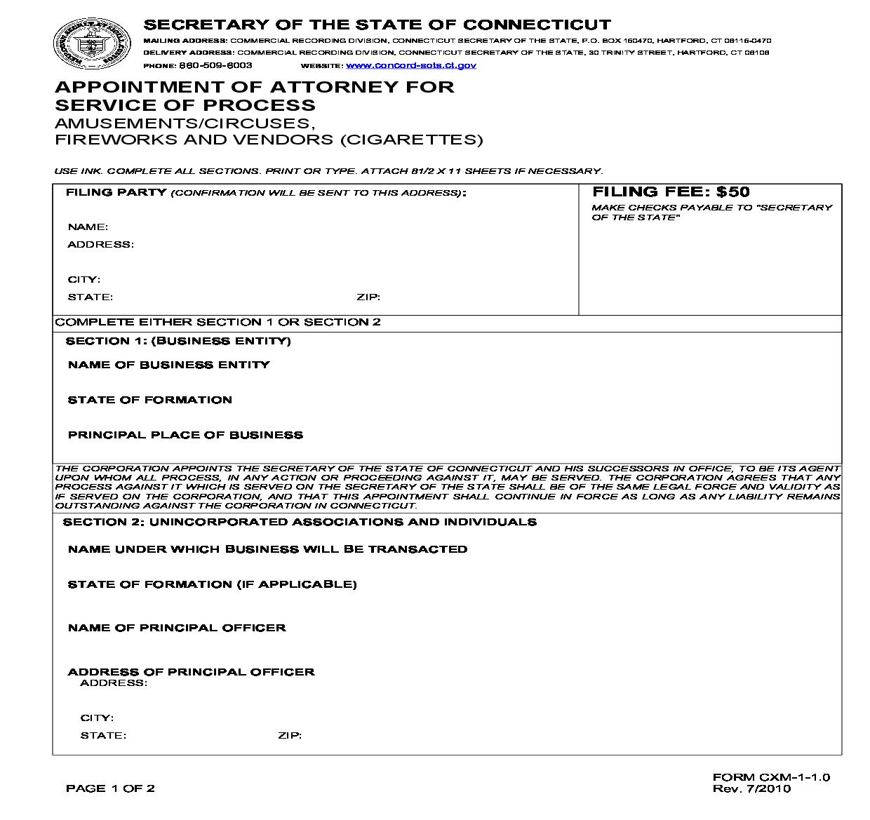 Appointment Of Attorney For Service Of Process | Pdf Fpdf Doc Docx | Connecticut