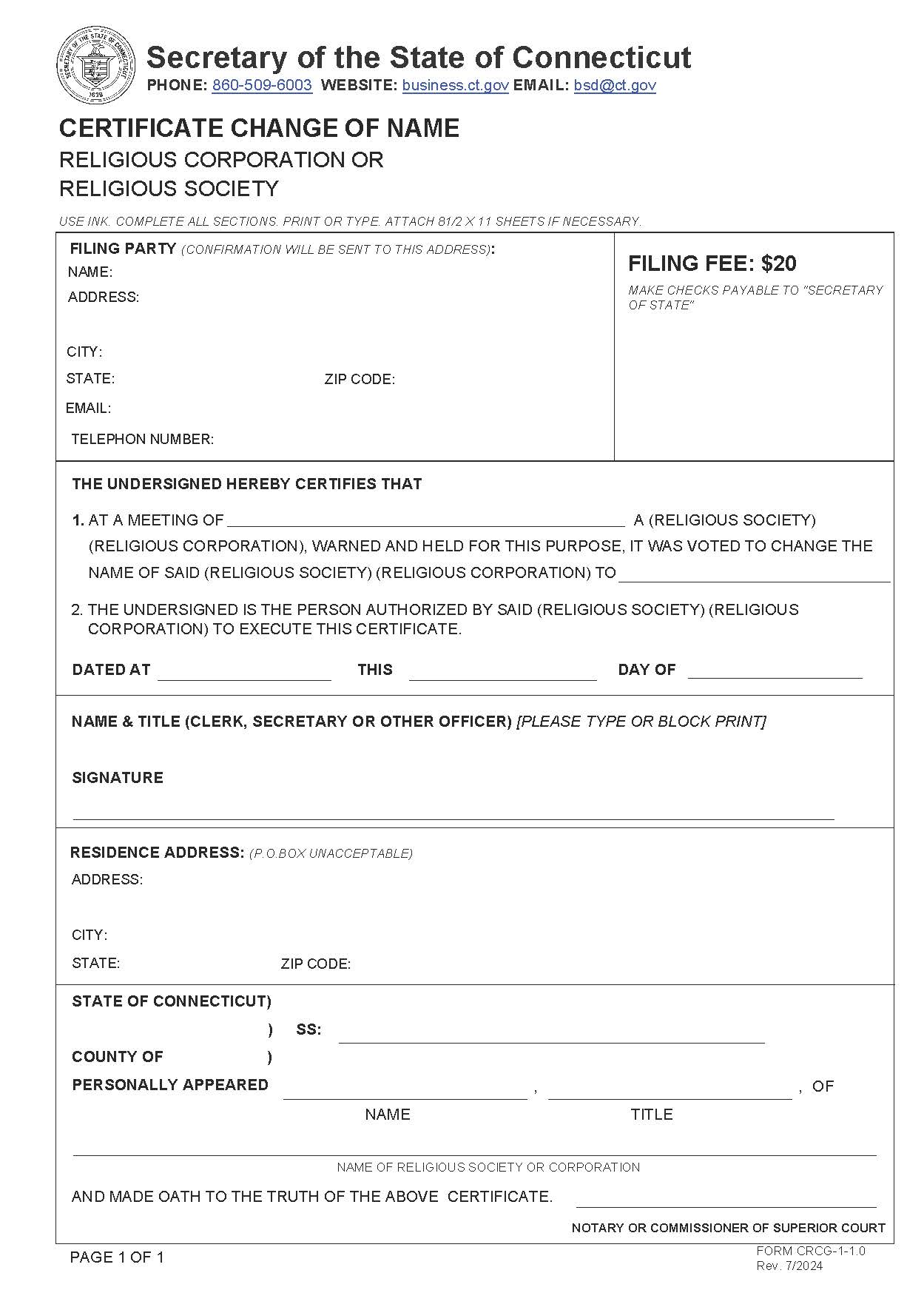 Certificate Change Of Name (Religious Corp Or Society) | Pdf Fpdf Doc Docx | Connecticut