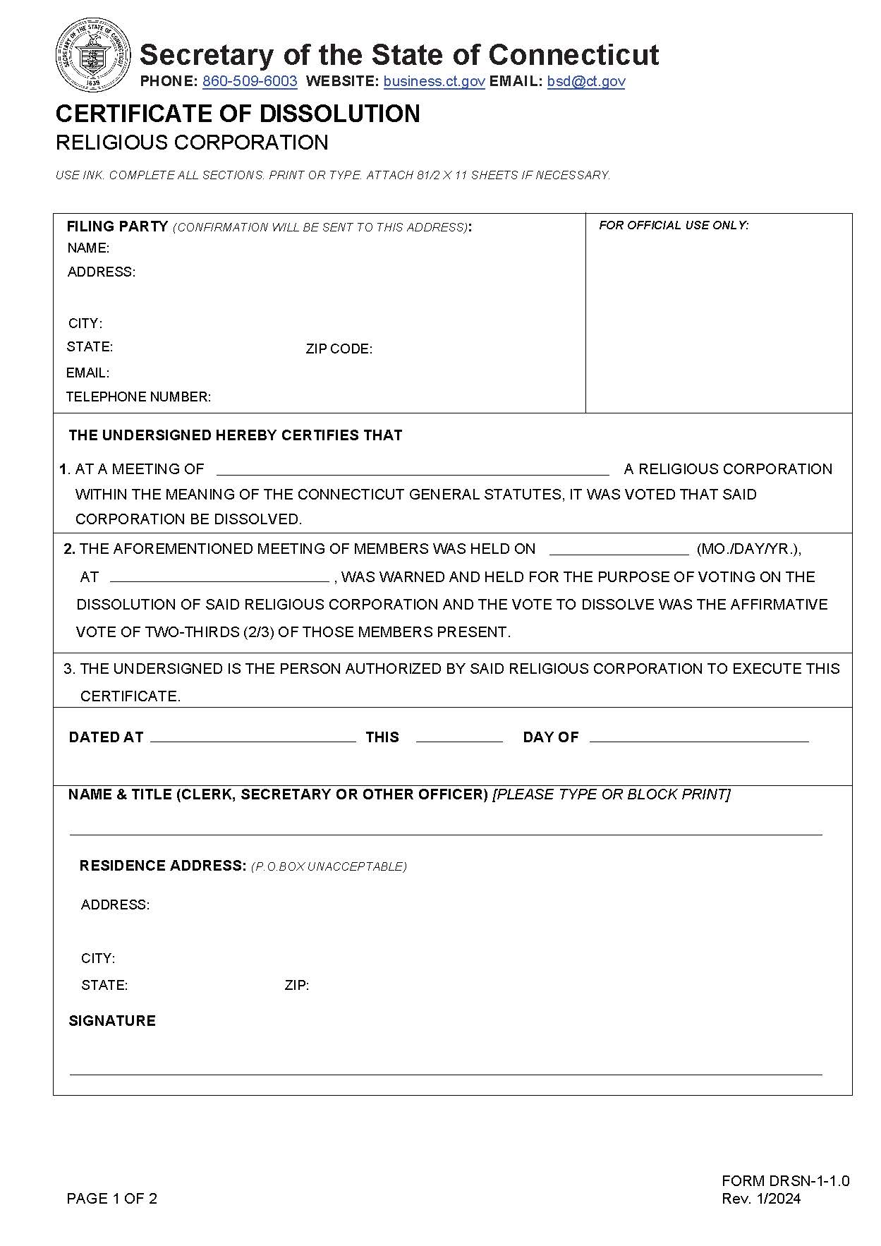 Certificate Of Dissolution (Religious Corp) | Pdf Fpdf Doc Docx | Connecticut