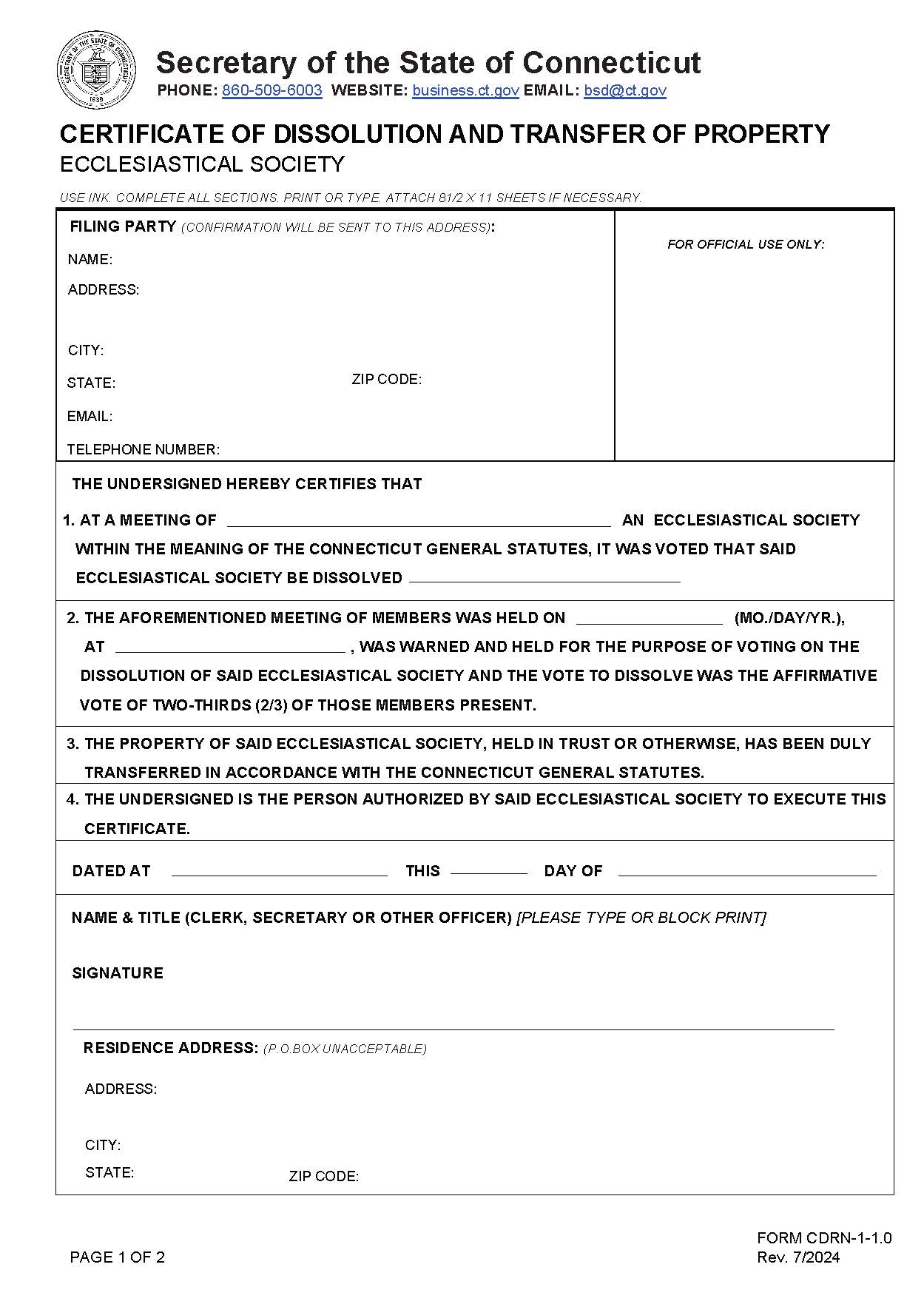 Certificate Of Dissolution And Transfer Of Property (Ecclesiastical Society) | Pdf Fpdf Doc Docx | Connecticut