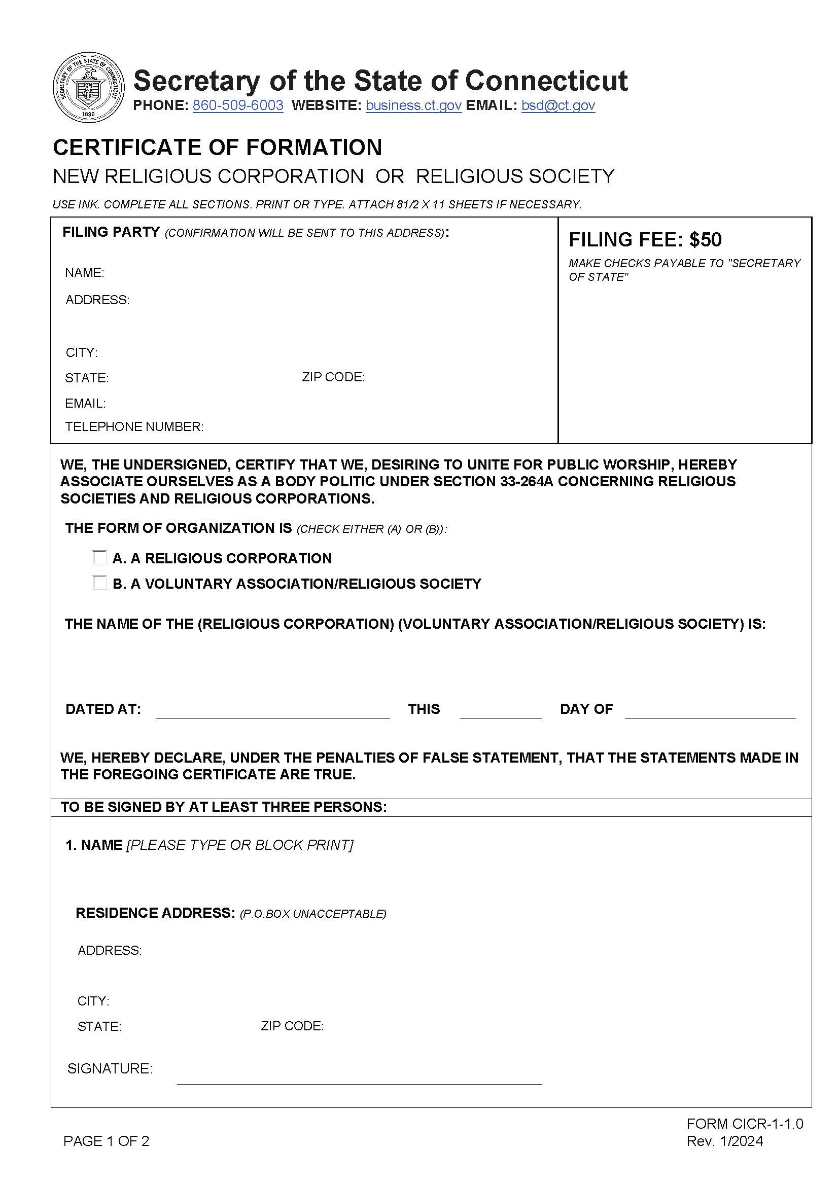 Certificate Of Formation (New Religious Corp Or Society) | Pdf Fpdf Doc Docx | Connecticut