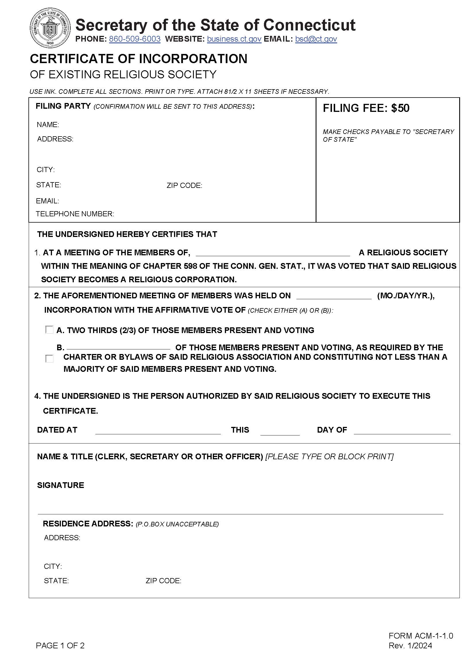 Certificate Of Incorporation Of Existing Religious Society | Pdf Fpdf Doc Docx | Connecticut