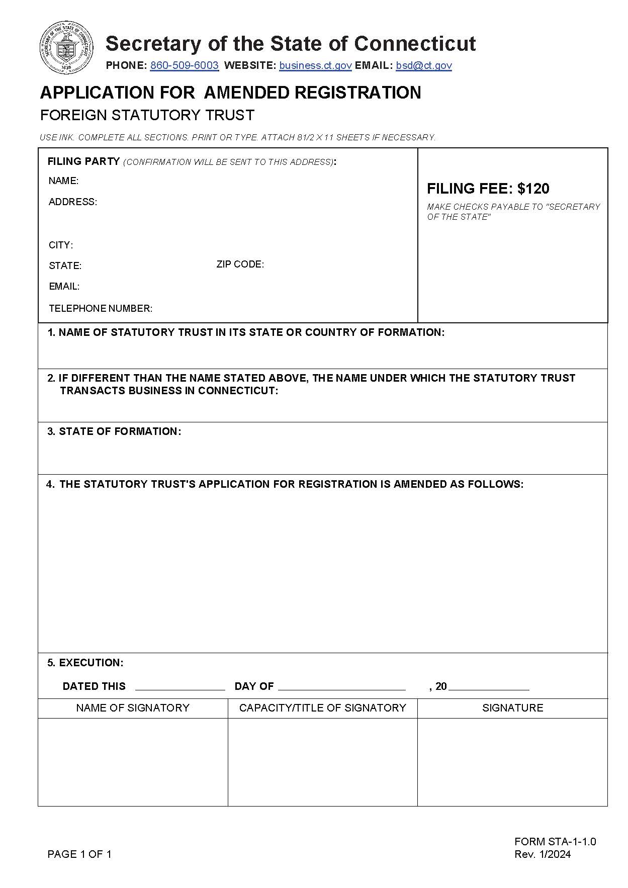 Application For Amended Registration (Foreign Statutory Trust) | Pdf Fpdf Doc Docx | Connecticut