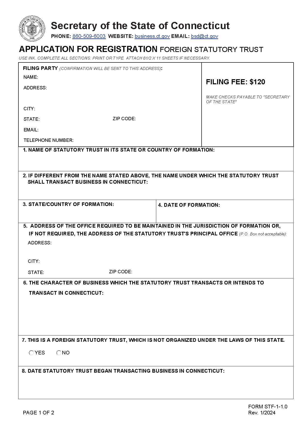 Application For Registration (Foreign Statutory Trust) | Pdf Fpdf Doc Docx | Connecticut