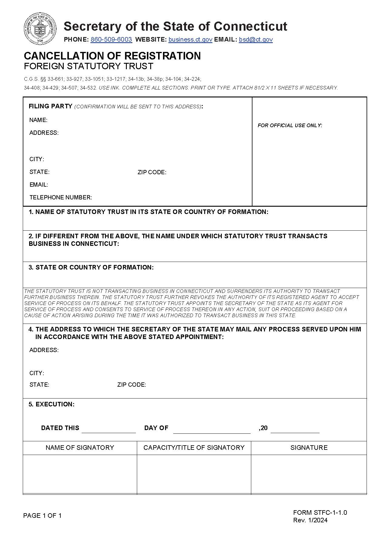 Cancellation Of Registration (Foreign Statutory Trust) | Pdf Fpdf Doc Docx | Connecticut