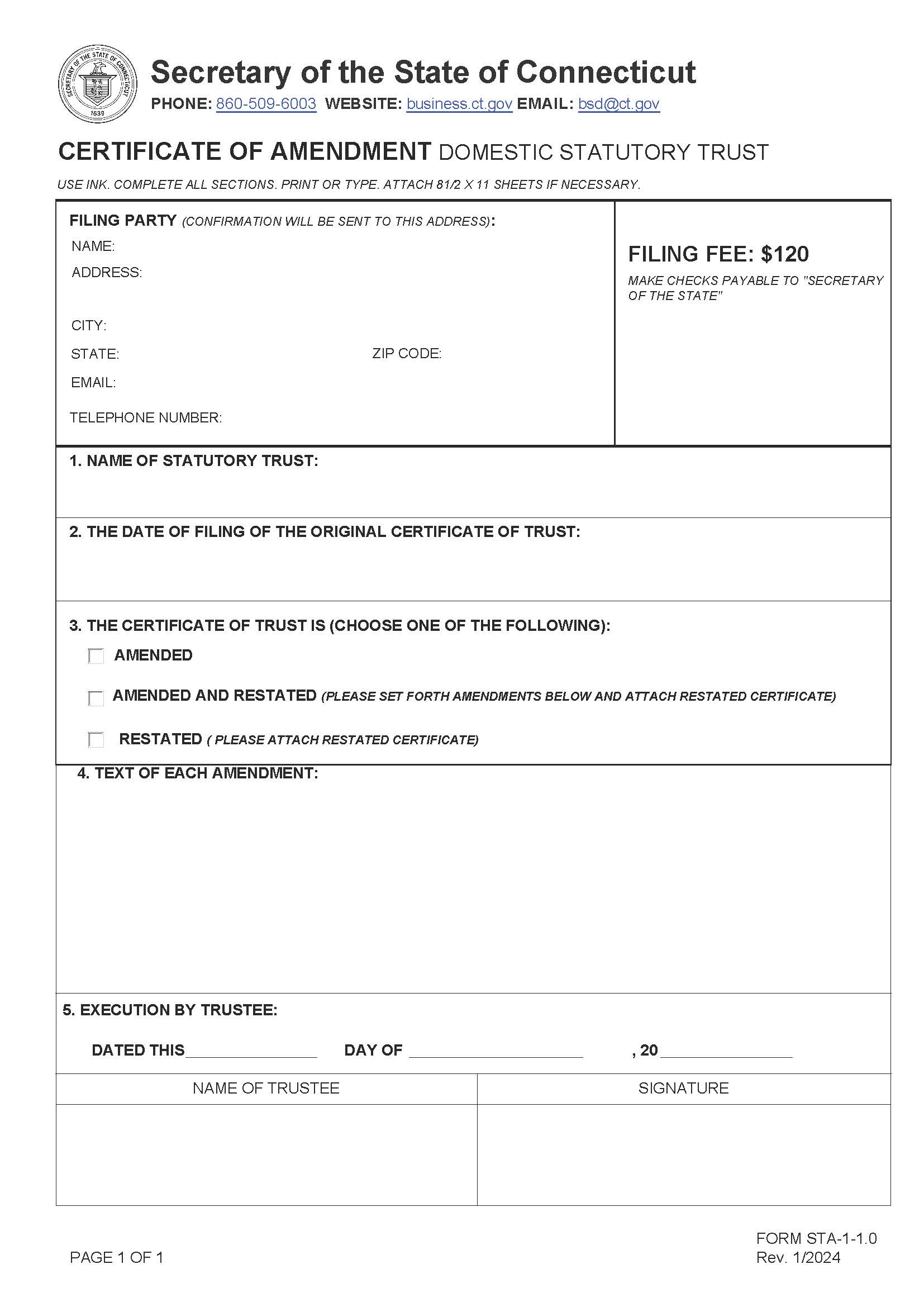 Certificate Of Amendment (Domestic Statutory Trust) | Pdf Fpdf Doc Docx | Connecticut