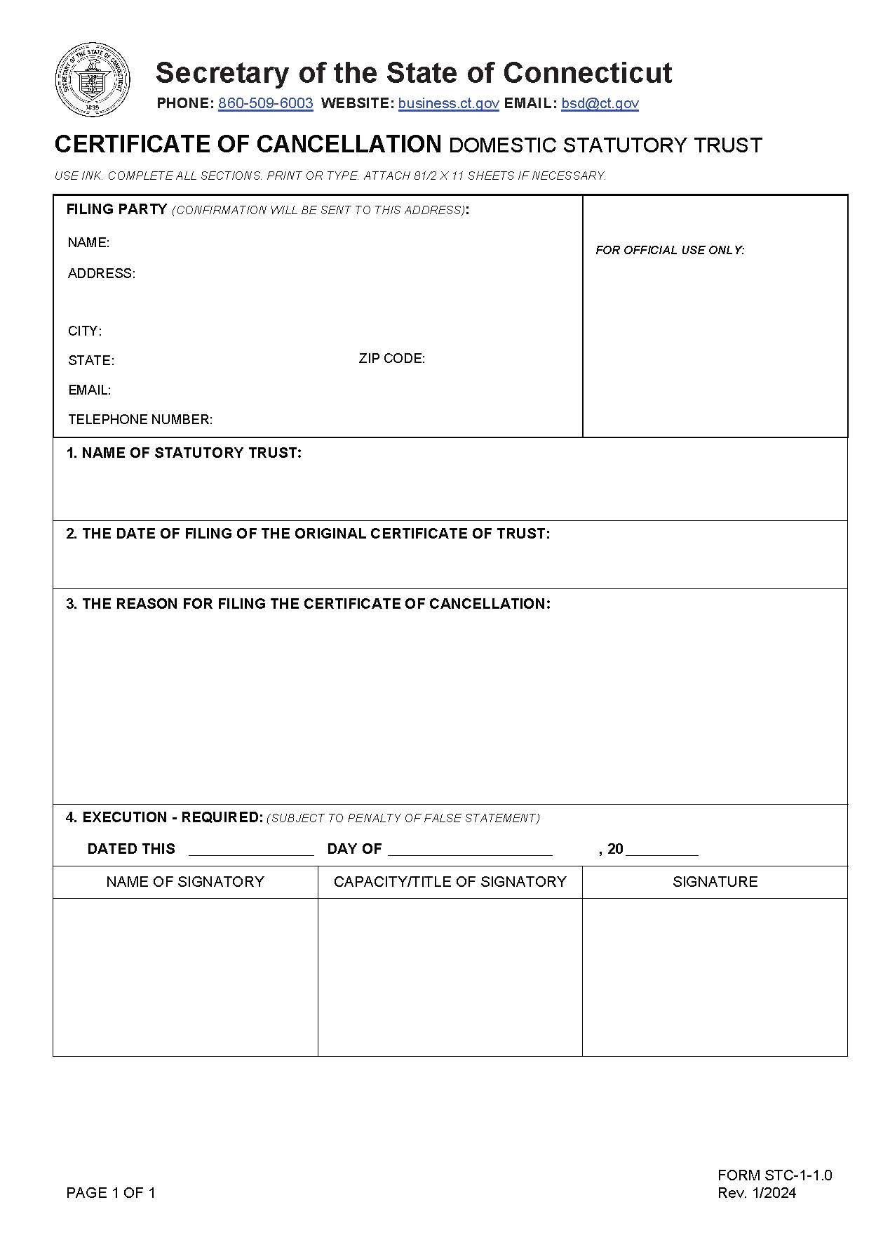 Certificate Of Cancellation (Domestic Statutory Trust) | Pdf Fpdf Doc Docx | Connecticut
