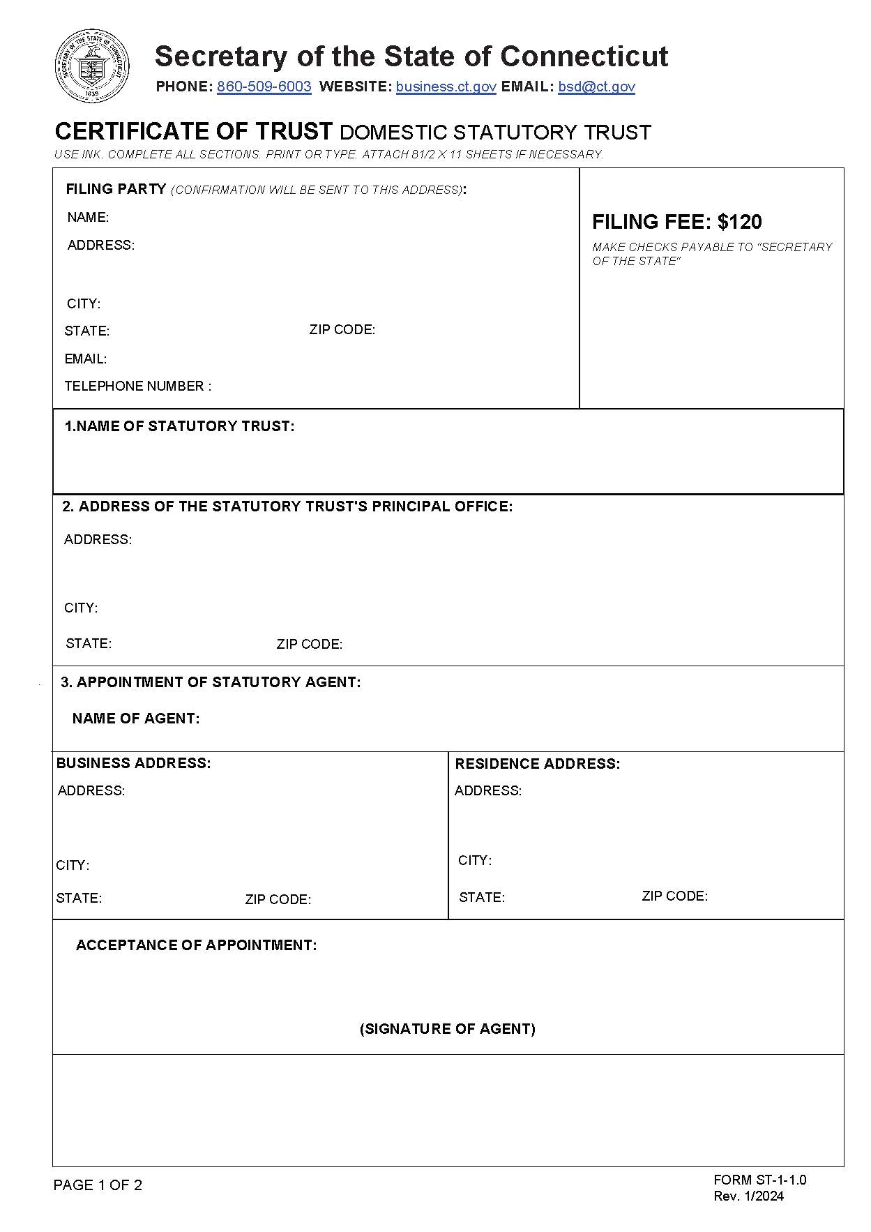 Certificate Of Trust (Domestic Statutory Trust) | Pdf Fpdf Doc Docx | Connecticut