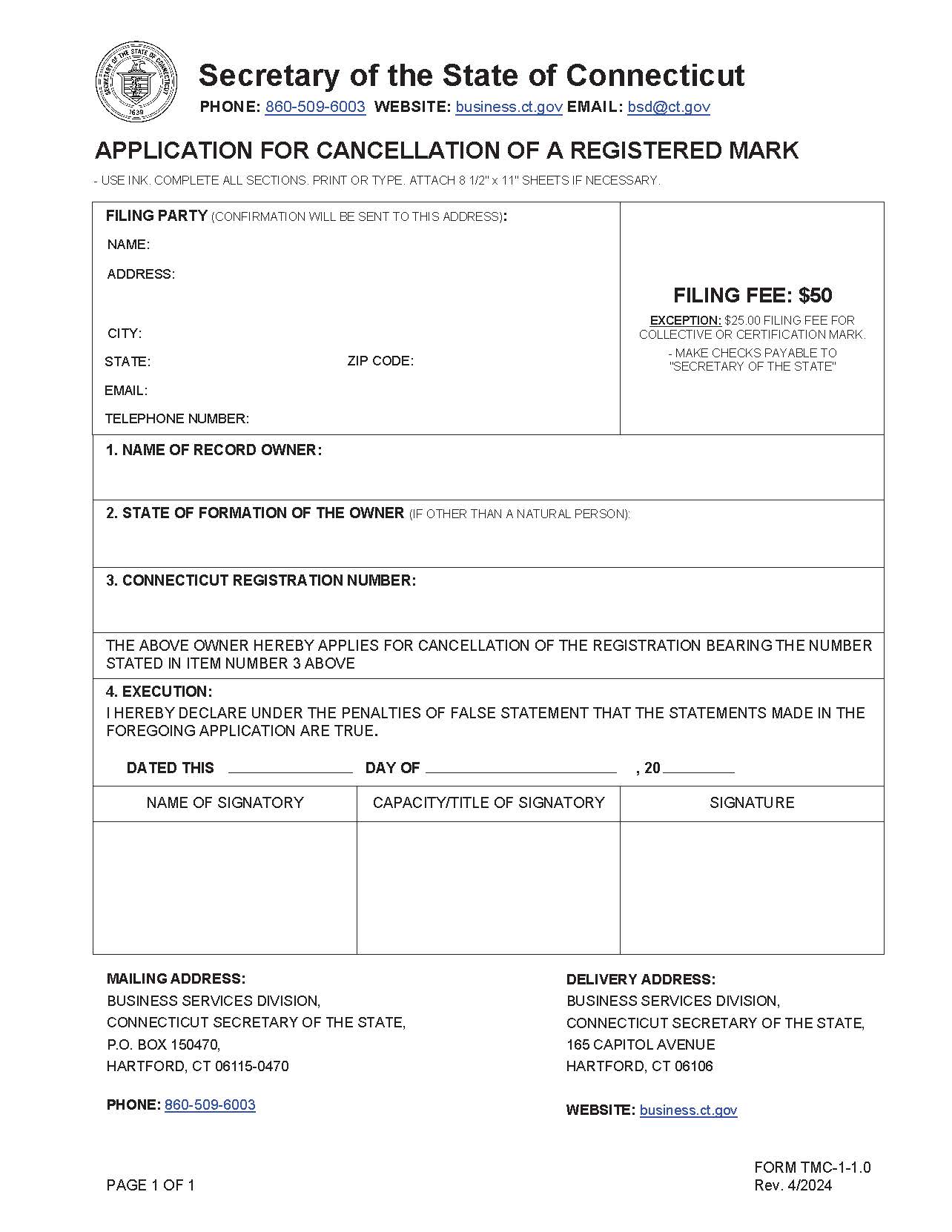 Application For Cancellation Of A Registered Mark | Pdf Fpdf Doc Docx | Connecticut