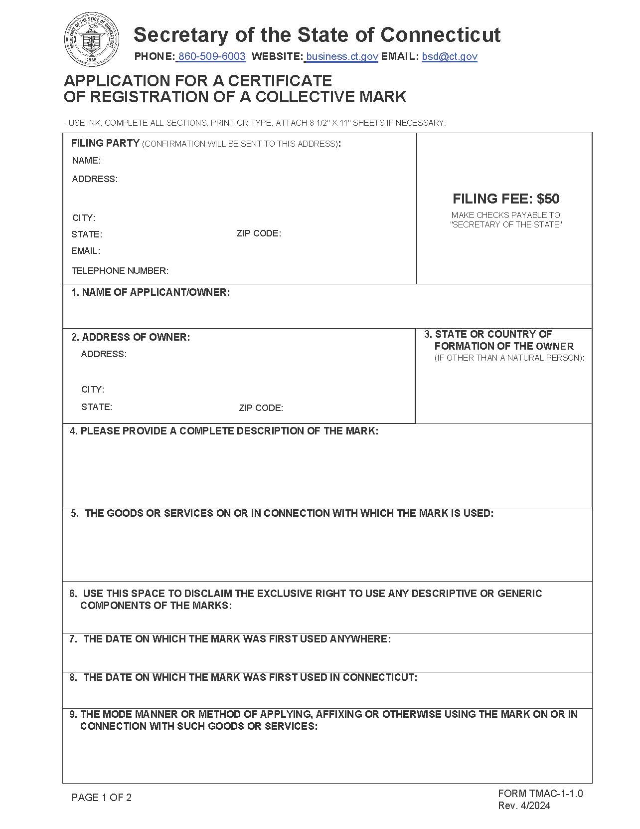 Application For Certificate Of Registration Of A Collective Mark | Pdf Fpdf Doc Docx | Connecticut