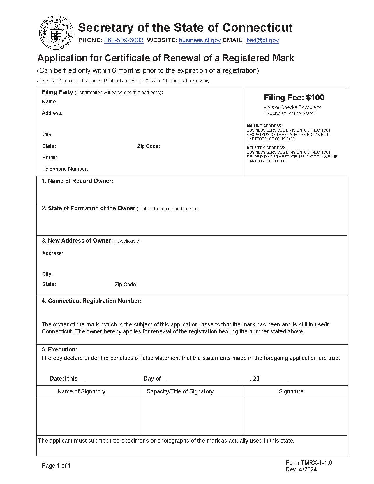 Application For Certificate Of Renewal Of A Registered Mark | Pdf Fpdf Doc Docx | Connecticut