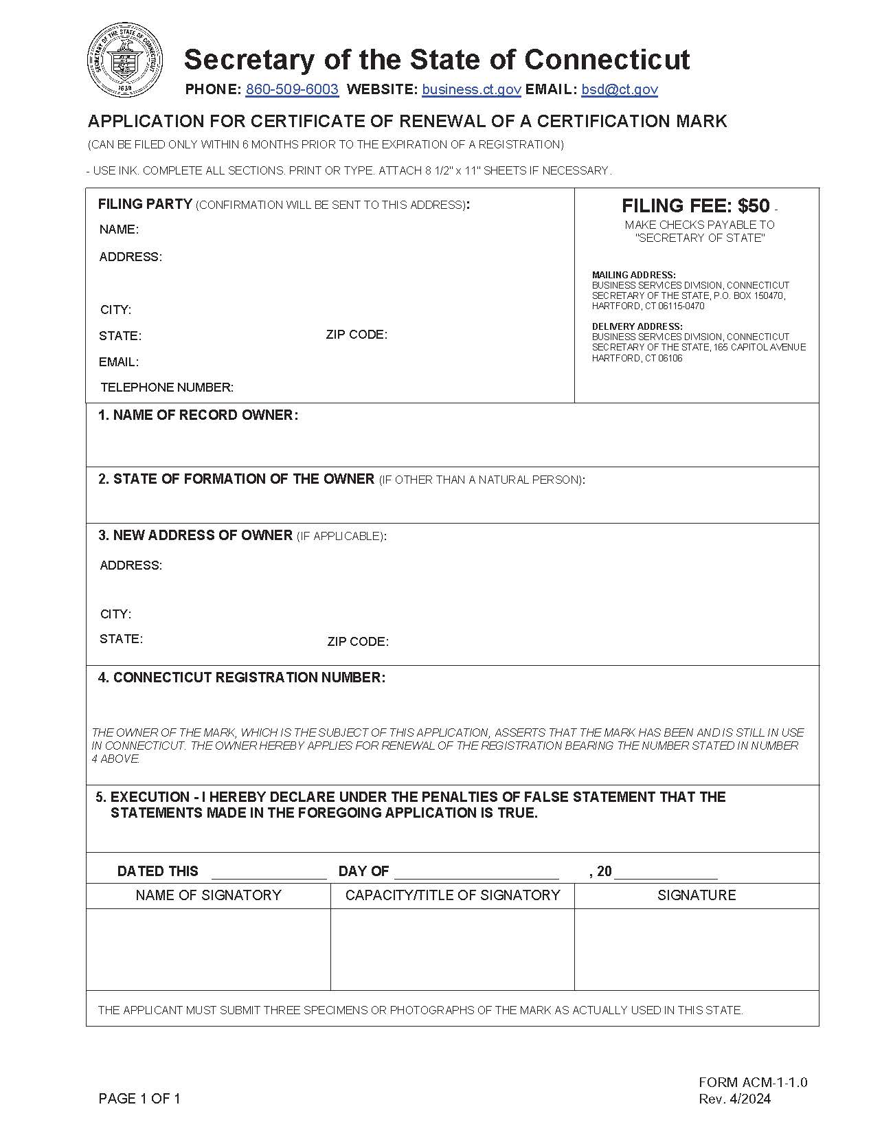 Application For Certificate Of Renewal Of Certification Mark | Pdf Fpdf Doc Docx | Connecticut