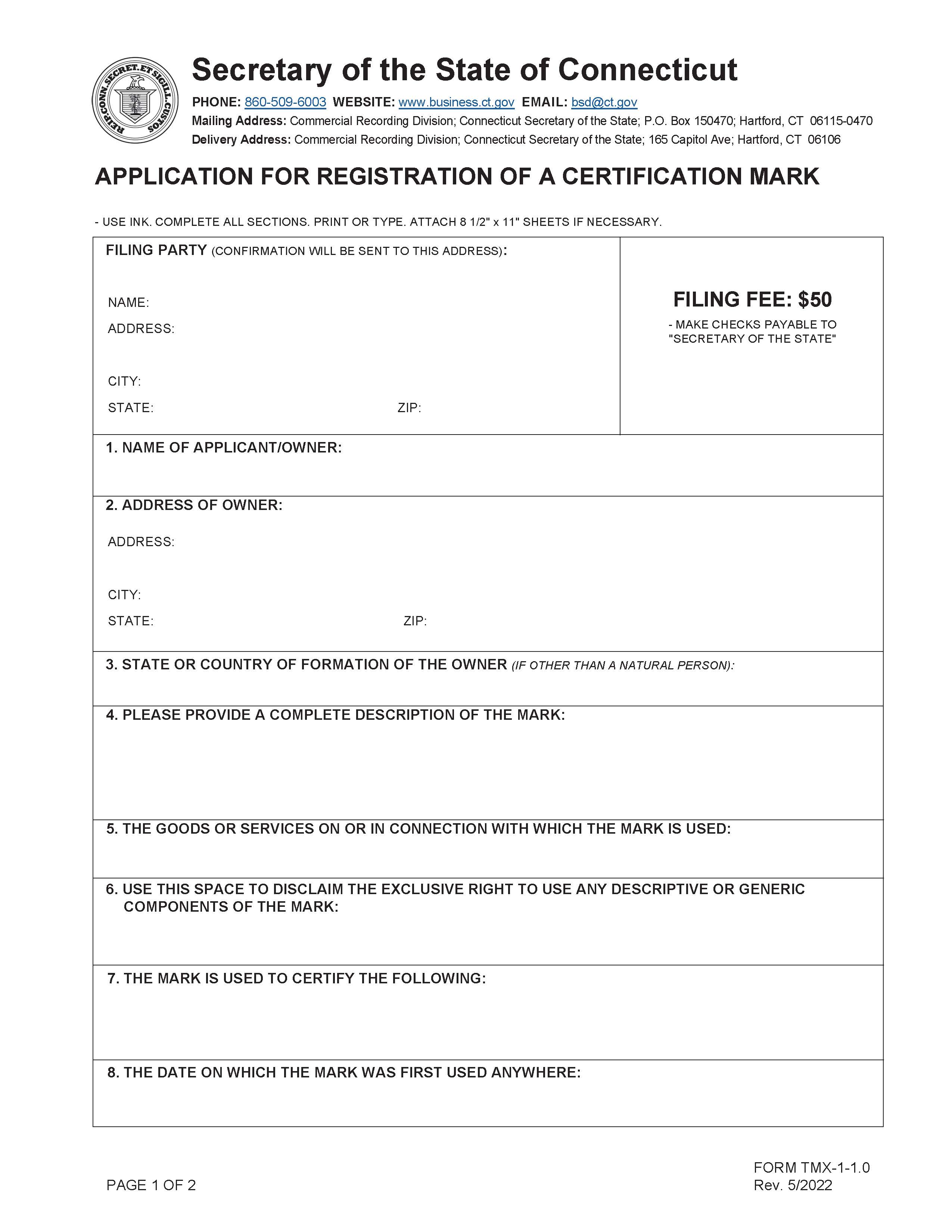 Application For Registration Of Certification Mark | Pdf Fpdf Doc Docx | Connecticut