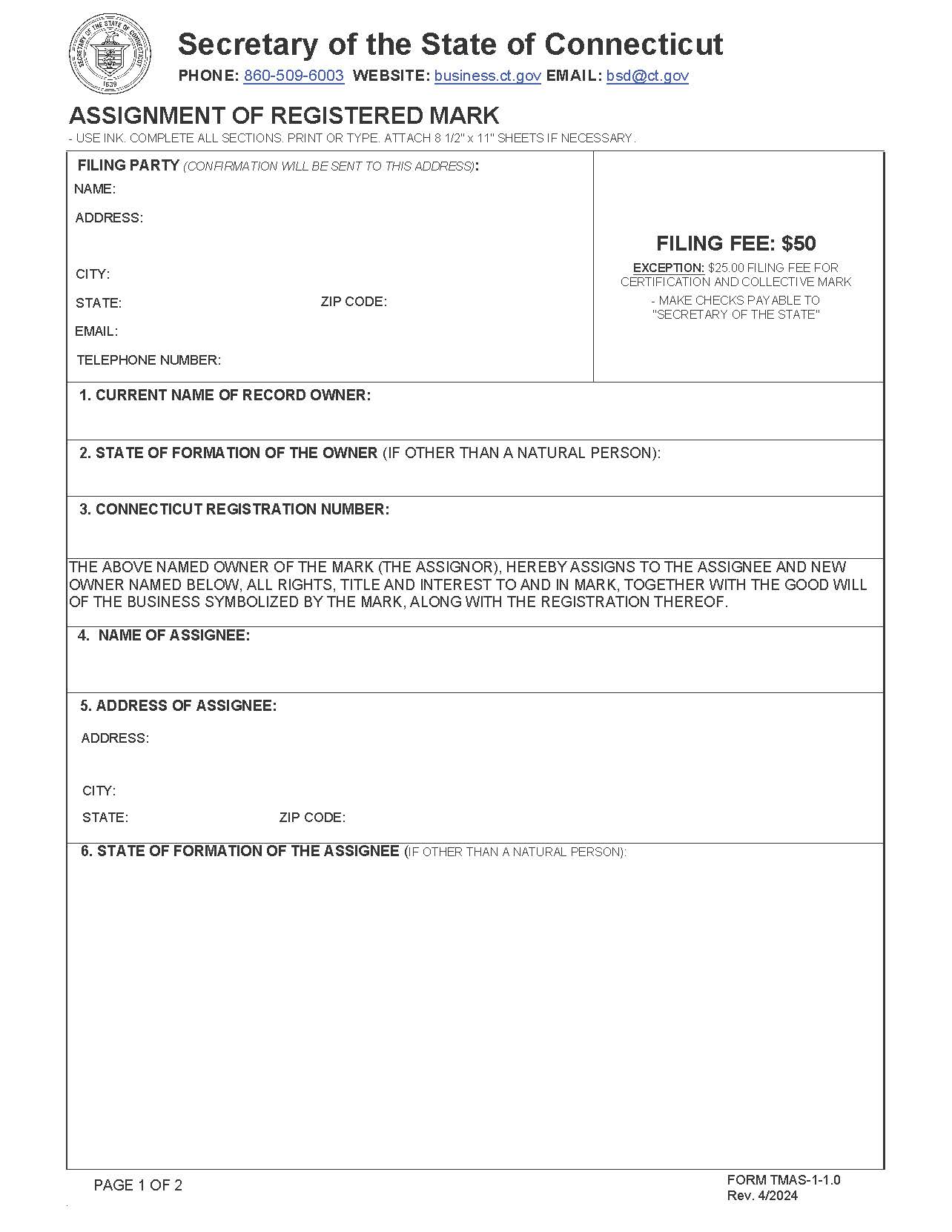 Assignment Of Registered Mark | Pdf Fpdf Doc Docx | Connecticut