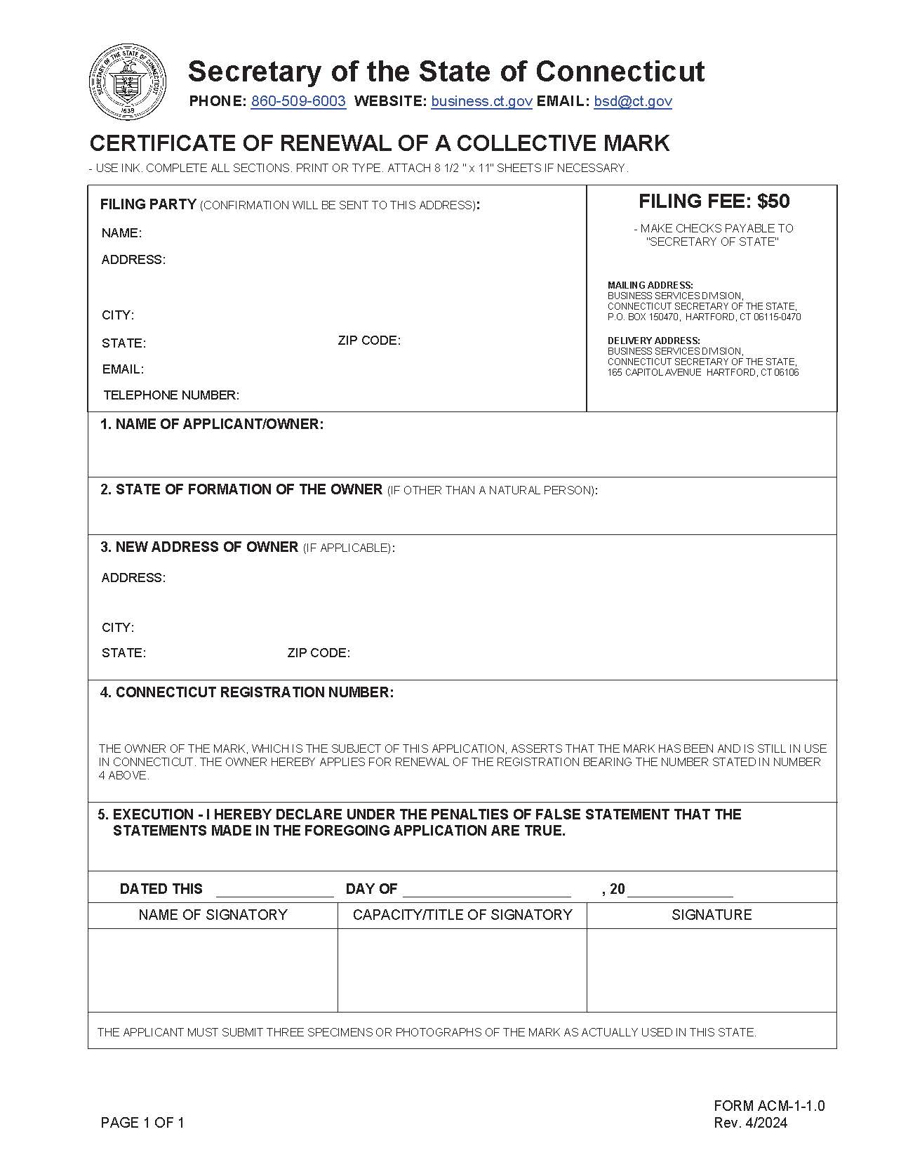 Certificate Of Renewal Of A Collective Mark | Pdf Fpdf Doc Docx | Connecticut