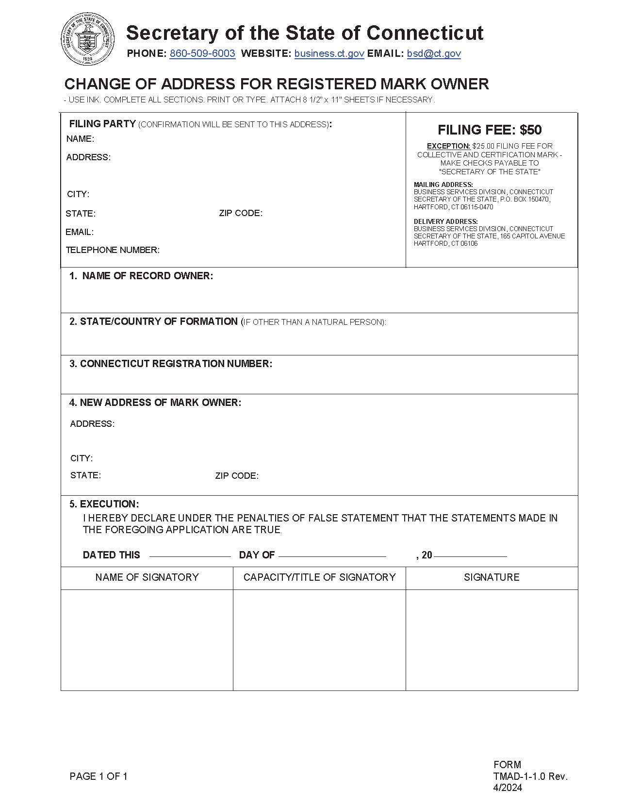 Change Of Address For Registered Mark Owner | Pdf Fpdf Doc Docx | Connecticut