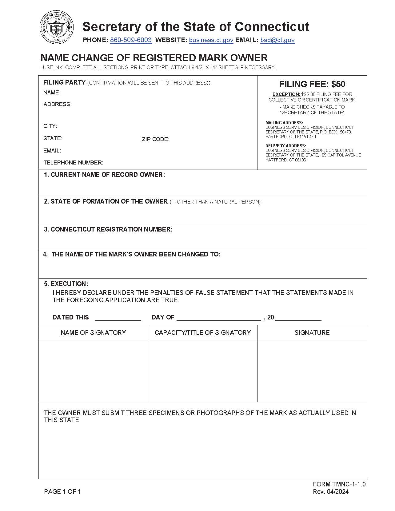 Name Change Of Registered Mark Owner | Pdf Fpdf Doc Docx | Connecticut