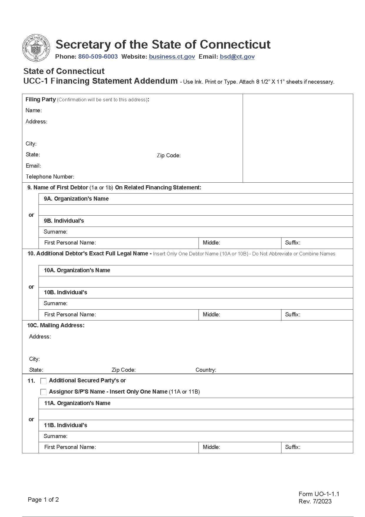 UCC Financing Statement Addendum {UCC1Ad} | Pdf Fpdf Doc Docx | Connecticut