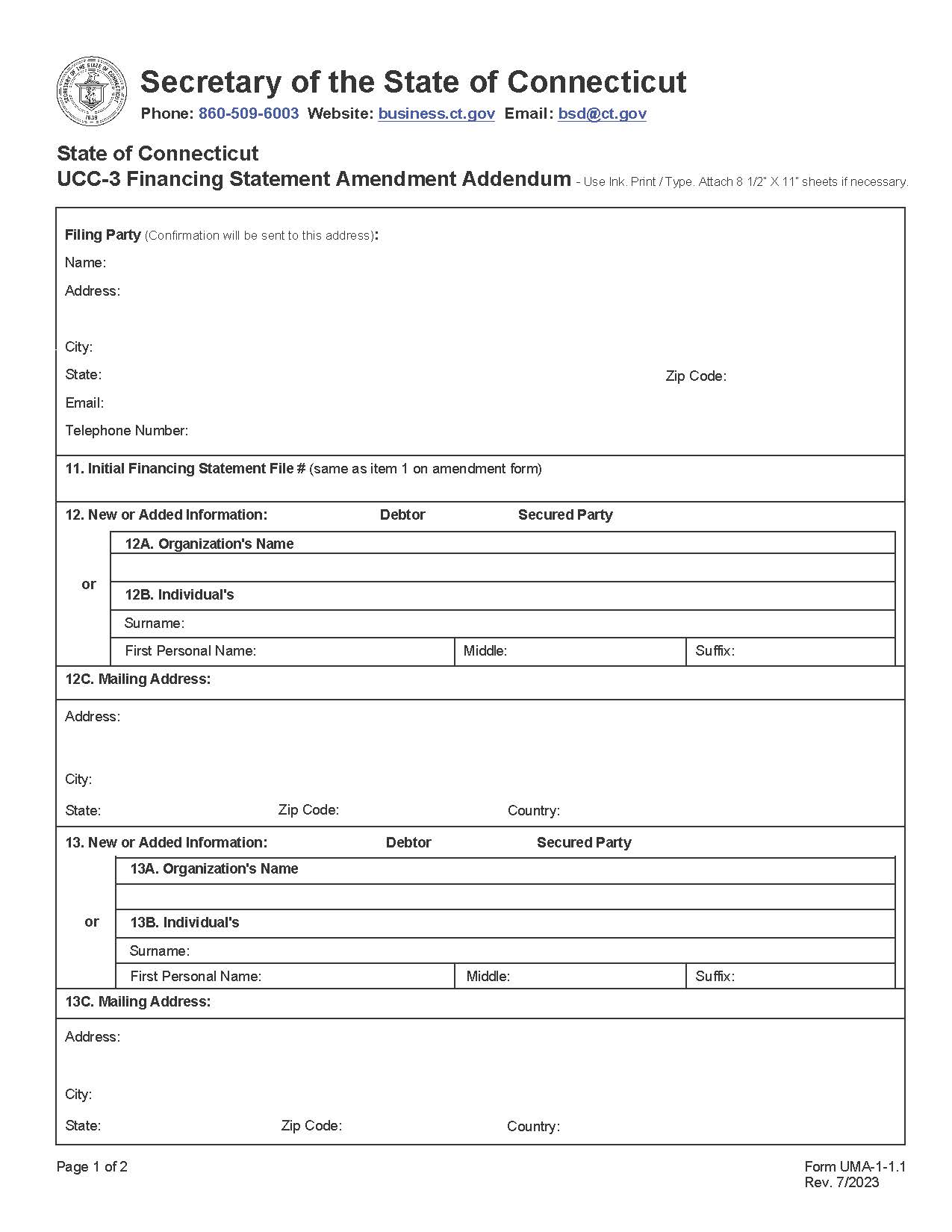 UCC Financing Statement Amendment Addendum {UCC3Ad} | Pdf Fpdf Doc Docx | Connecticut