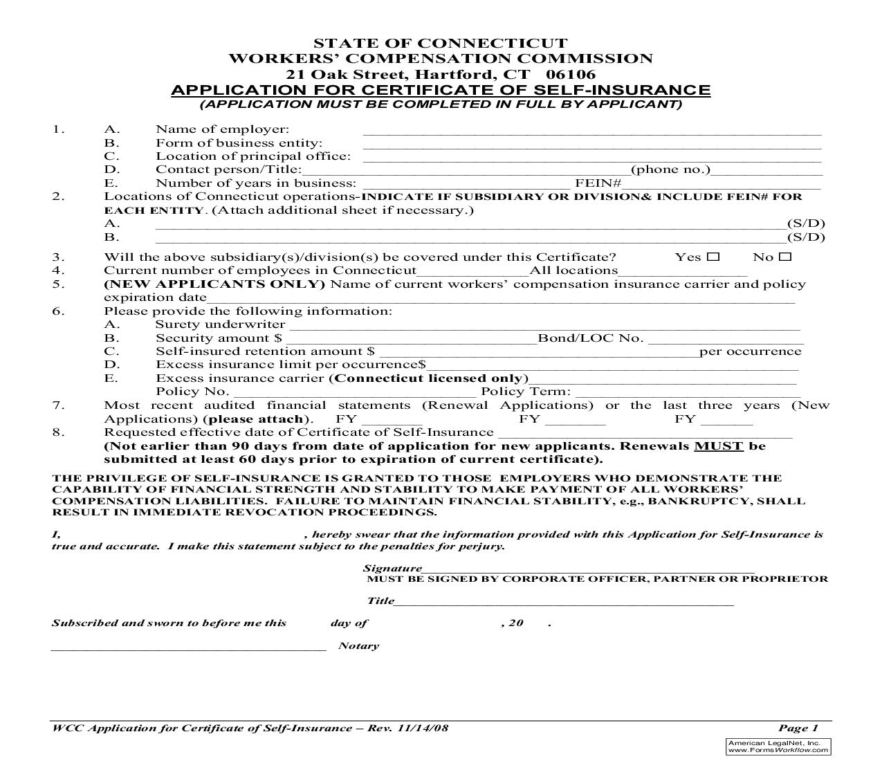 Application For Certificate Of Self Insurance | Pdf Fpdf Doc Docx | Connecticut