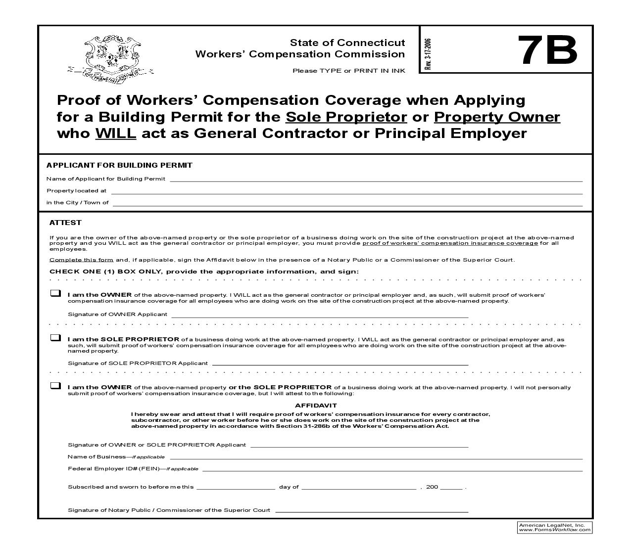Building Permit Affidavit For Property Owners Or Sole Proprietors {7B} | Pdf Fpdf Doc Docx | Connecticut
