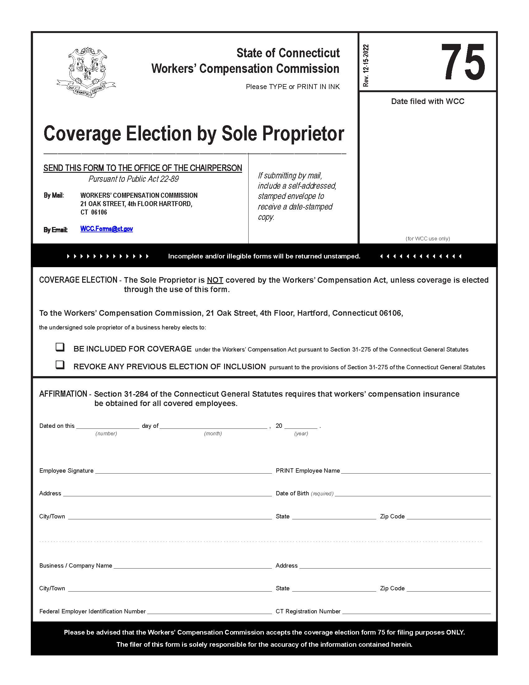 Coverage Election By Sole Proprietor Or Single Member LLC {75} | Pdf Fpdf Docx | Connecticut