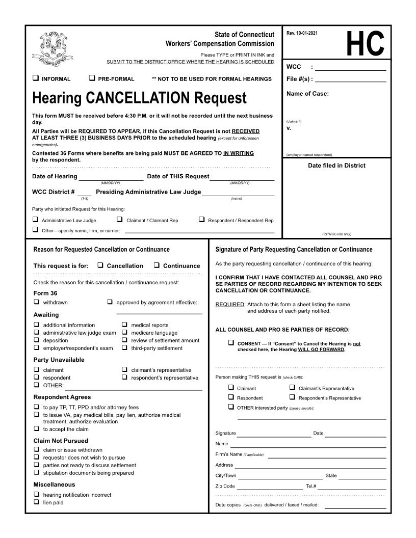 Hearing Cancellation Request {HC} | Pdf Fpdf Doc Docx | Connecticut