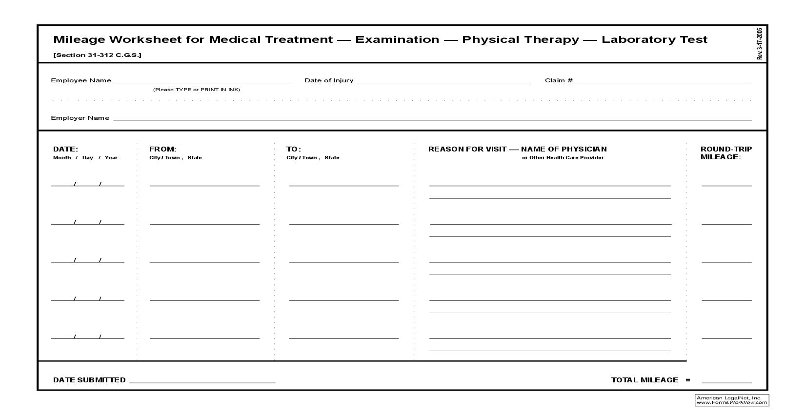Mileage Worksheet For Medical Treatment | Pdf Fpdf Doc Docx | Connecticut
