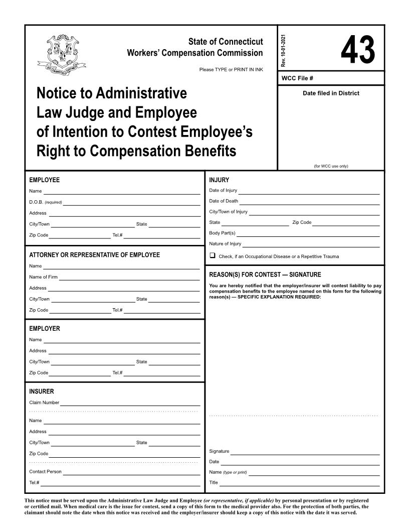 Notice To Compensation Commissioner And Employee Of Intention To Contest Employees Right To Compensation Benefits {43} | Pdf Fpdf Doc Docx | Connecticut