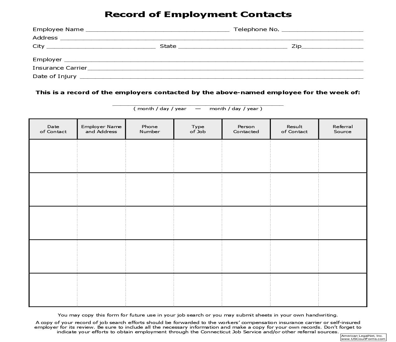 Record Of Employment Contacts | Pdf Fpdf Doc Docx | Connecticut