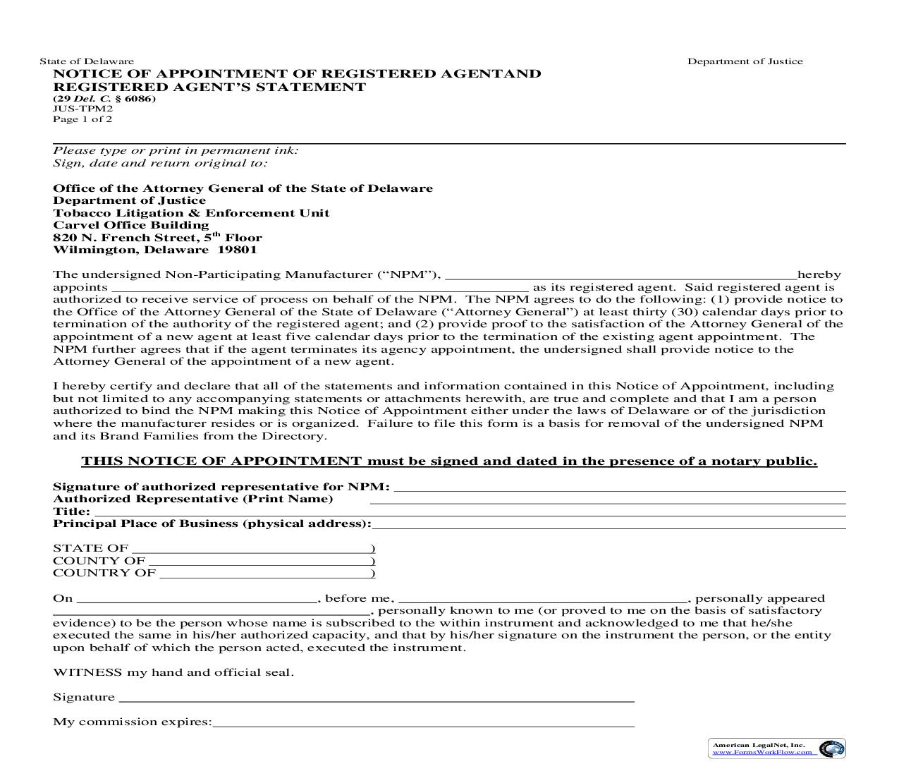 Notice Of Appointment Of Registered Agent {JUS-TPM2} | Pdf Fpdf Doc Docx | Delaware