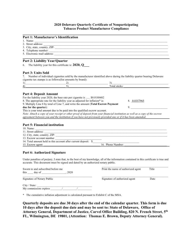 Quarterly Certificate Of Nonparticipating Tobacco Product Manufacturer Compliance | Pdf Fpdf Docx | Delaware