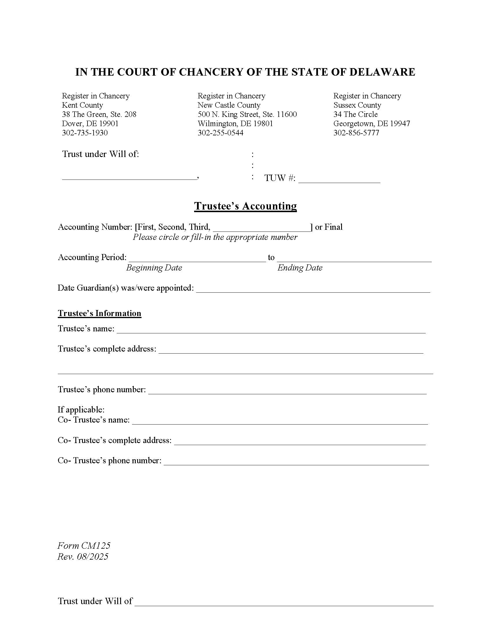 Accounting Packet (For Trusts Under Wills) {CM125} | Pdf Fpdf Docx | Delaware