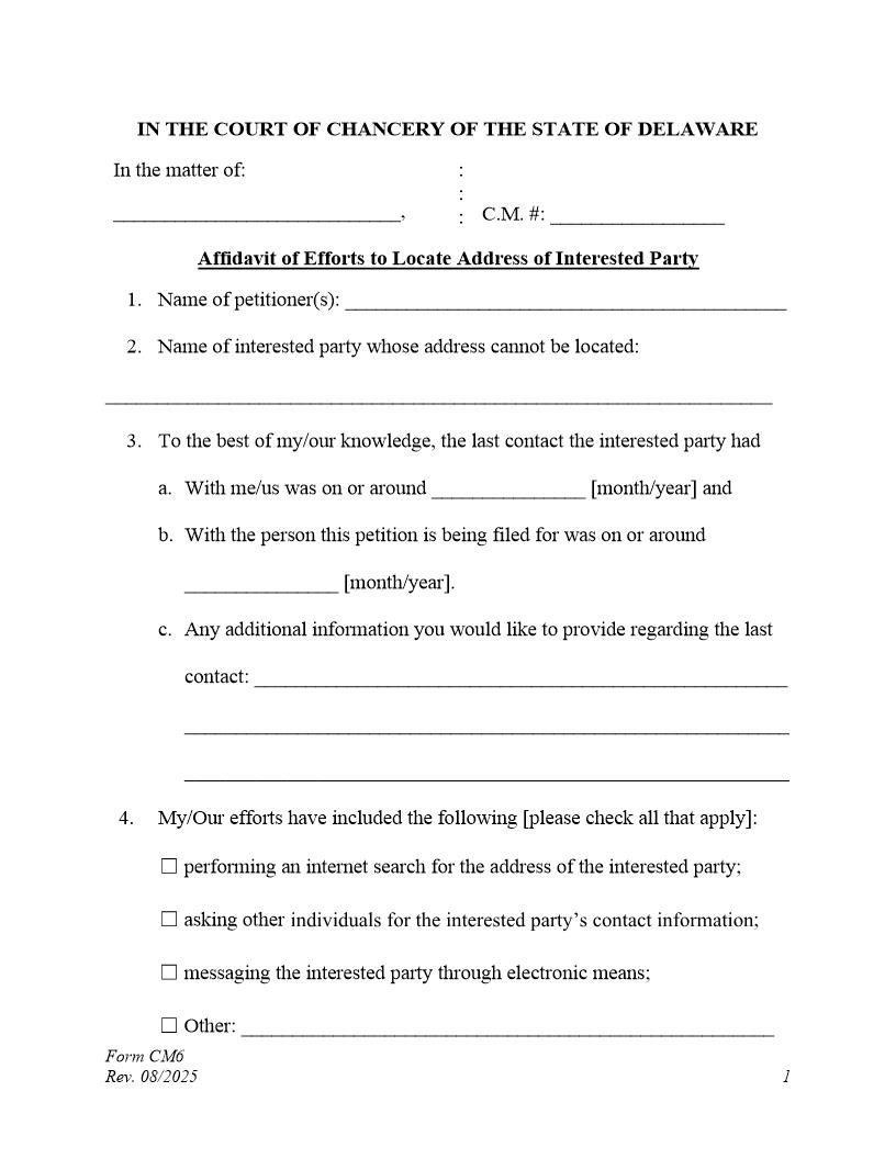 Affidavit Of Efforts To Locate Address Of Interested Party {CM6} | Pdf Fpdf Docx | Delaware