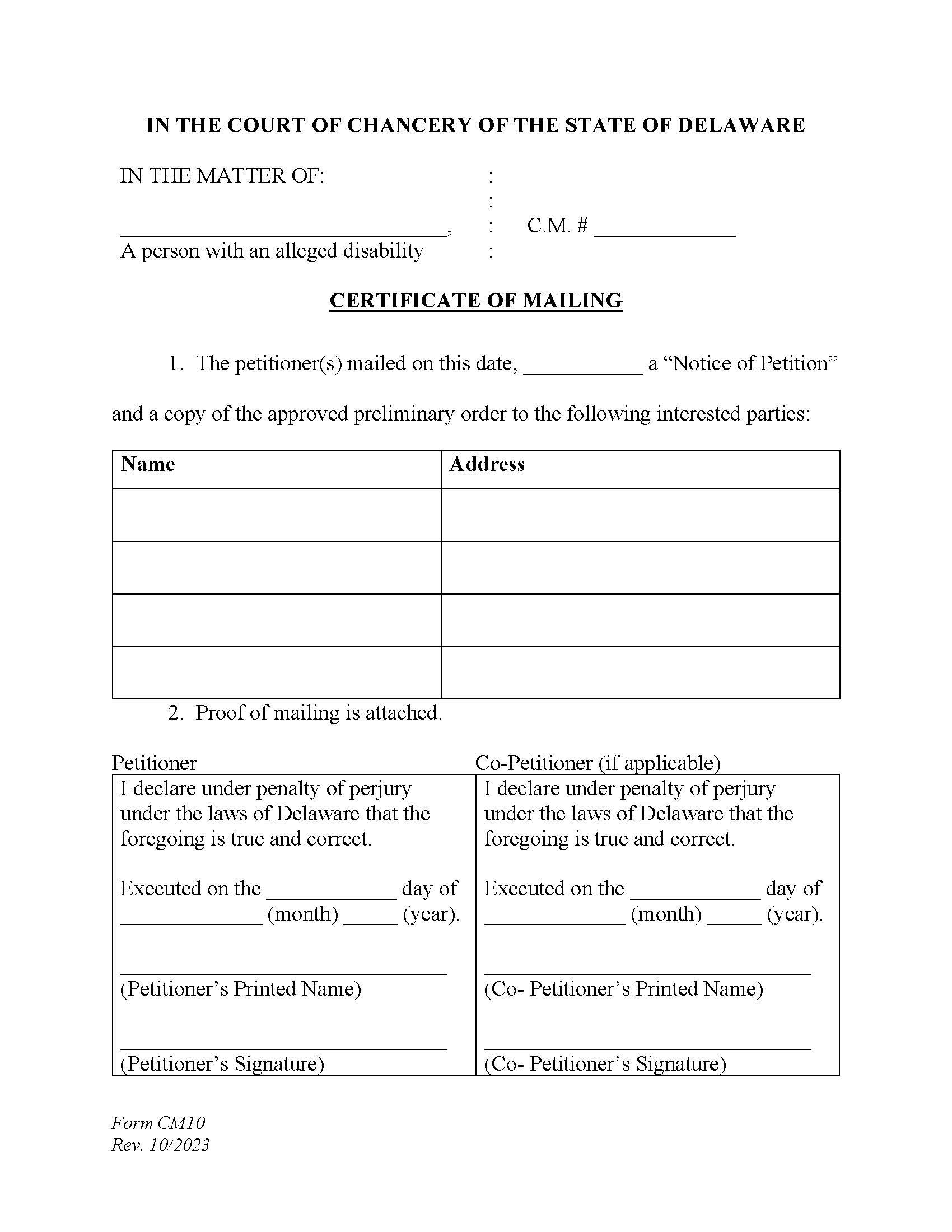 Affidavit Of Mailing (New Guardianship Petition) {CM10} | Pdf Fpdf Docx | Delaware