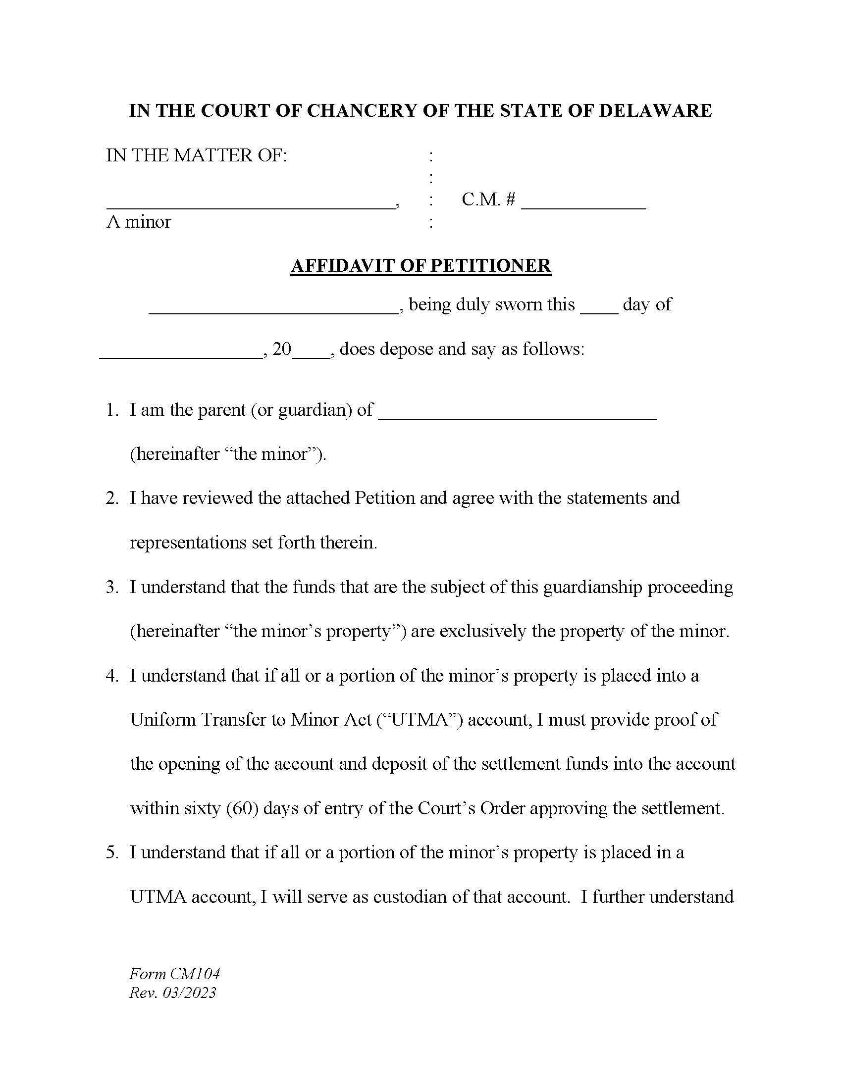 Affidavit Of Petitioner For Limited Guardianship (Funds To Be Used For Minors) {CM104} | Pdf Fpdf Docx | Delaware