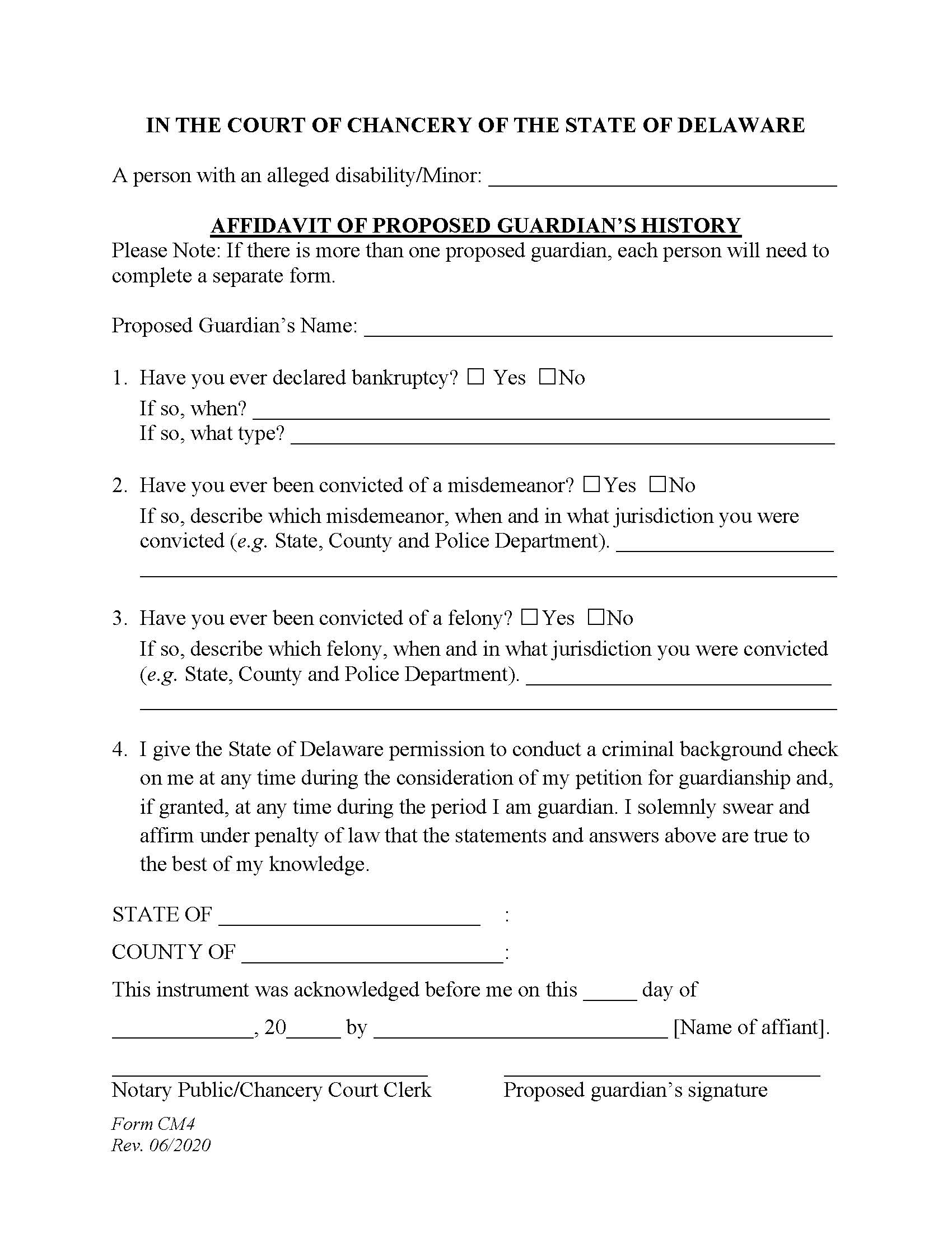 Affidavit Of Proposed Guardians History {CM4} | Pdf Fpdf Docx | Delaware