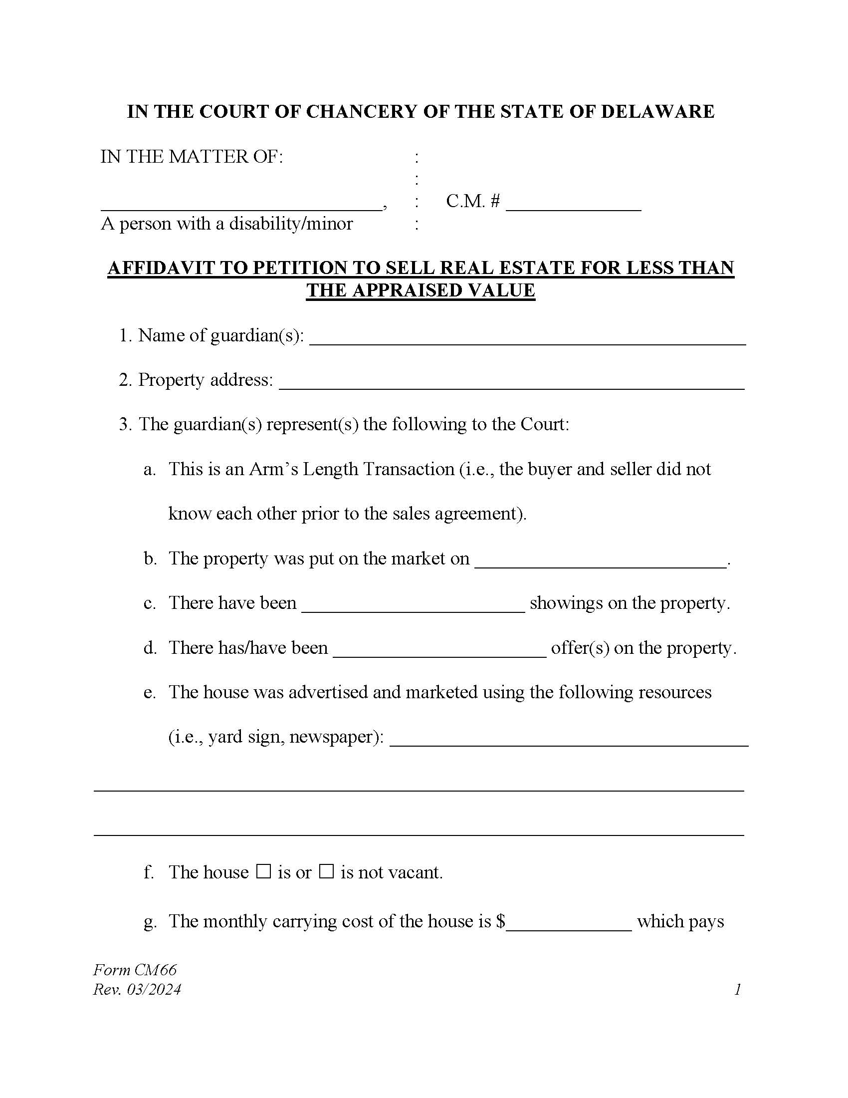 Affidavit To Sell Real Estate For Less Than The Appraised Value {CM66} | Pdf Fpdf Docx | Delaware
