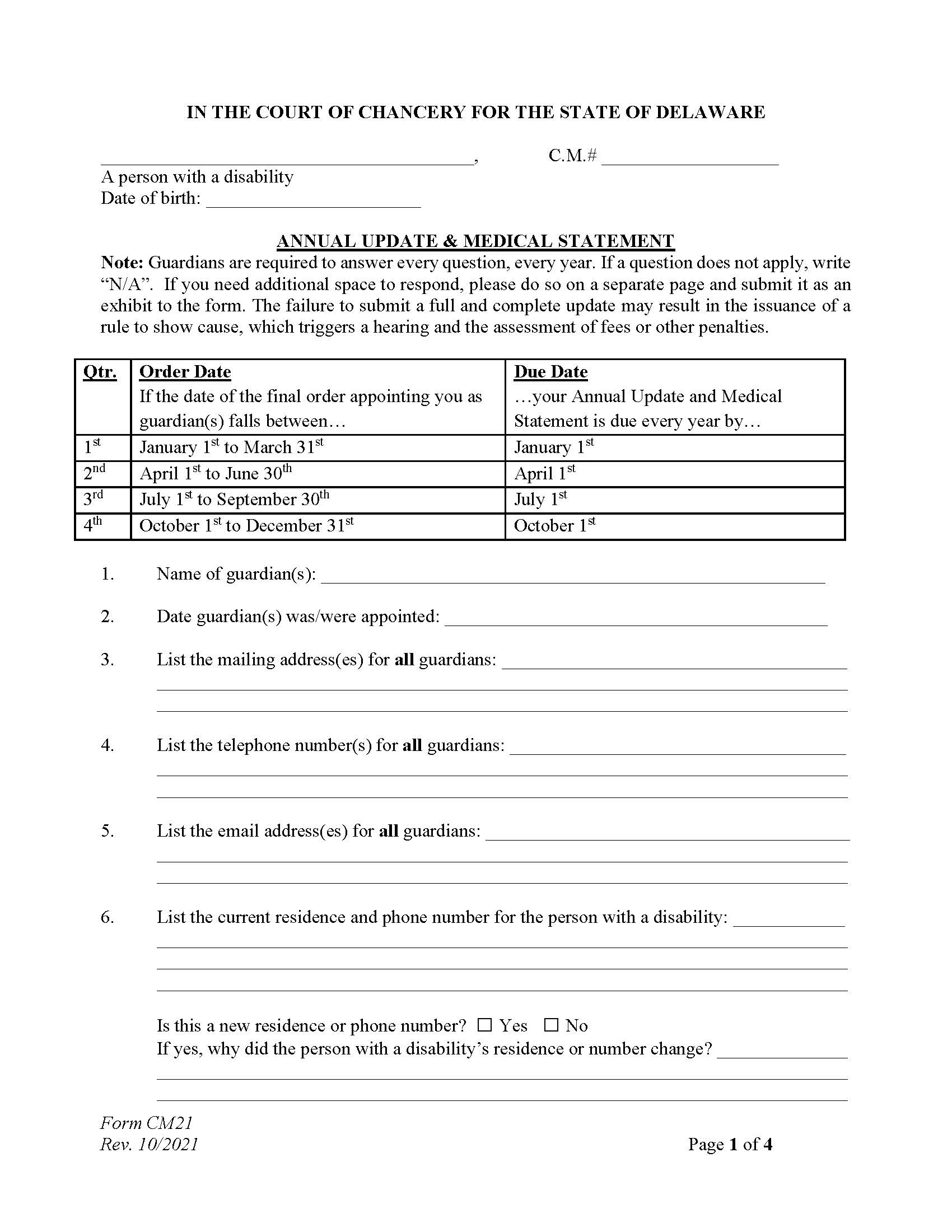 Annual Update And Medical Statement (Guardianship) {CM21} | Pdf Fpdf Docx | Delaware