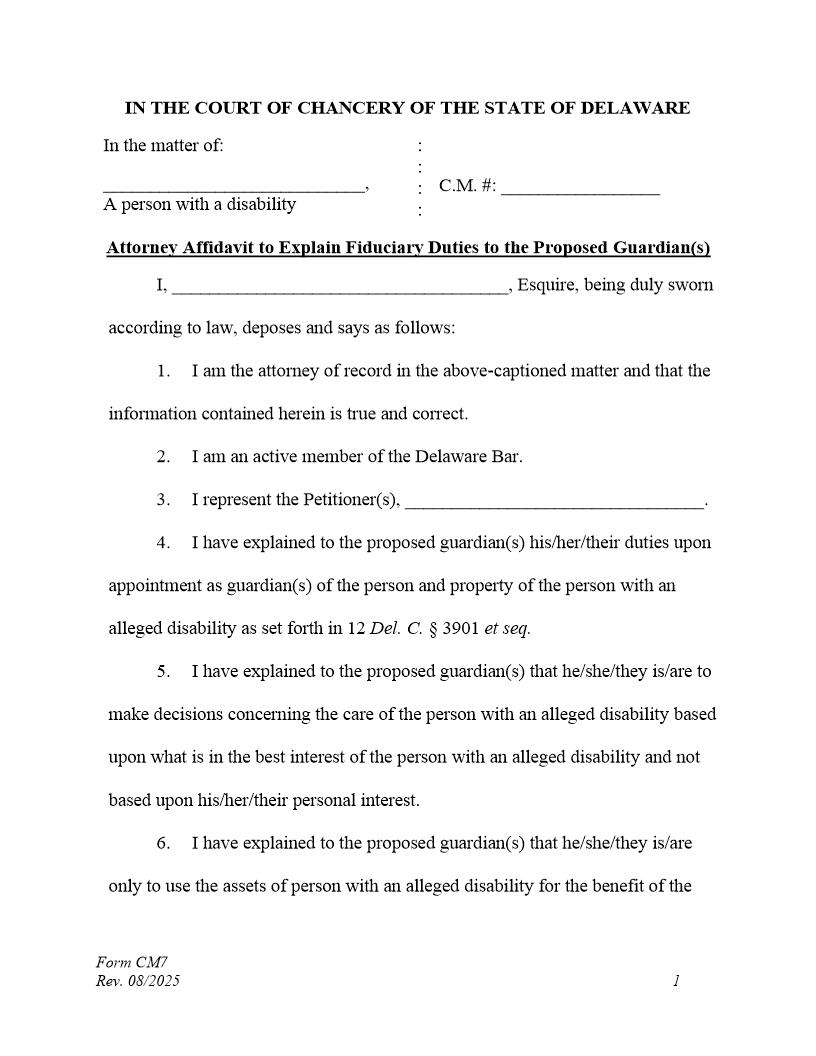 Attorney Affidavit Explaining Fiduciary Duties To Proposed Guardian {CM7} | Pdf Fpdf Docx | Delaware