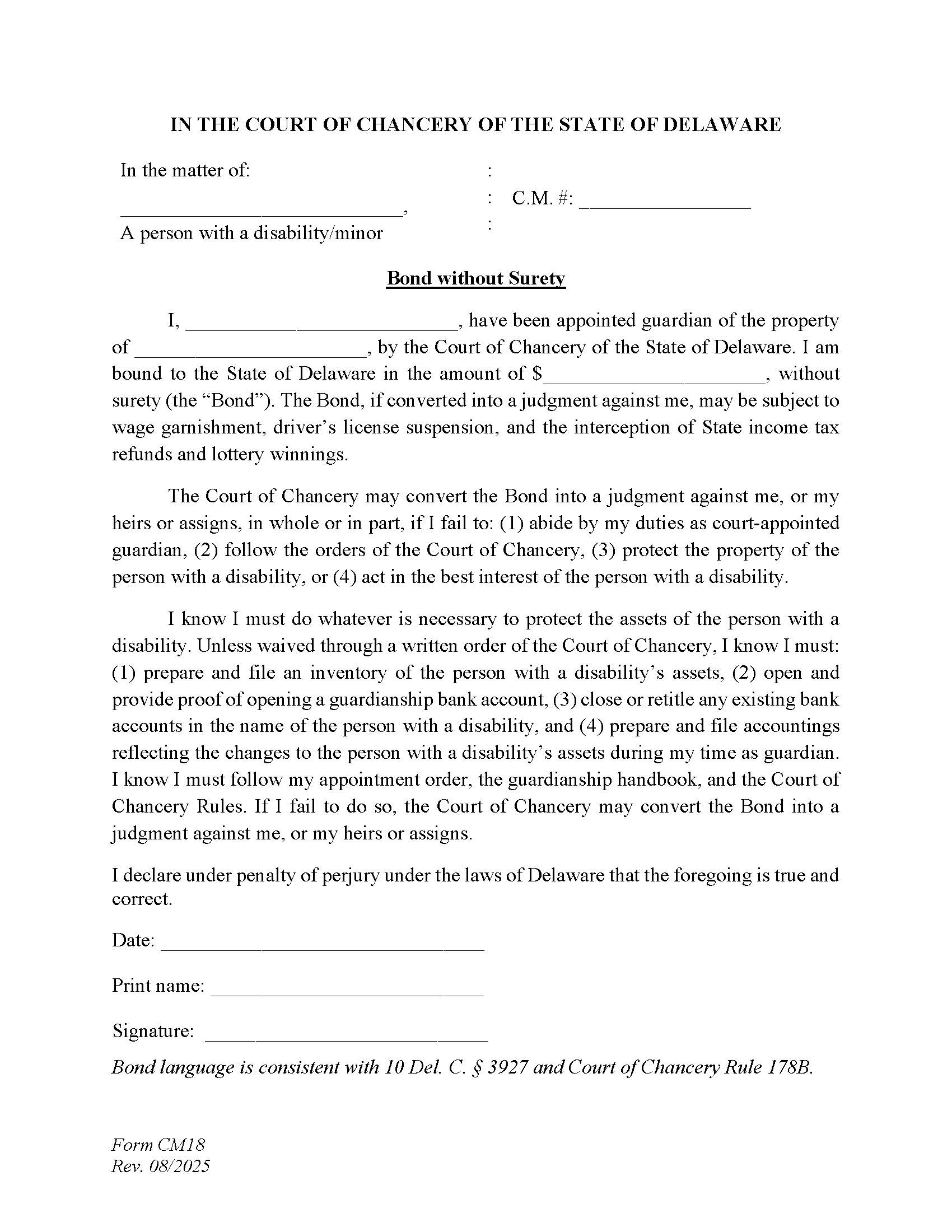 Bond Without Surety {CM18} | Pdf Fpdf Docx | Delaware