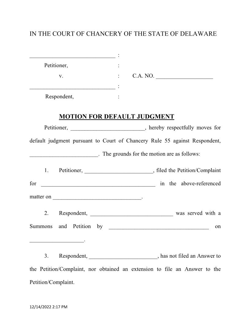 CA Motion For Default Judgment Form {CA MTN DEFAU} | Pdf Fpdf Docx | Delaware