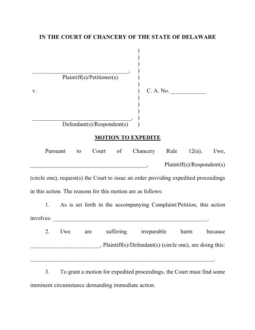 CA Motion To Expedite Form {CA MTN EXPED} | Pdf Fpdf Docx | Delaware