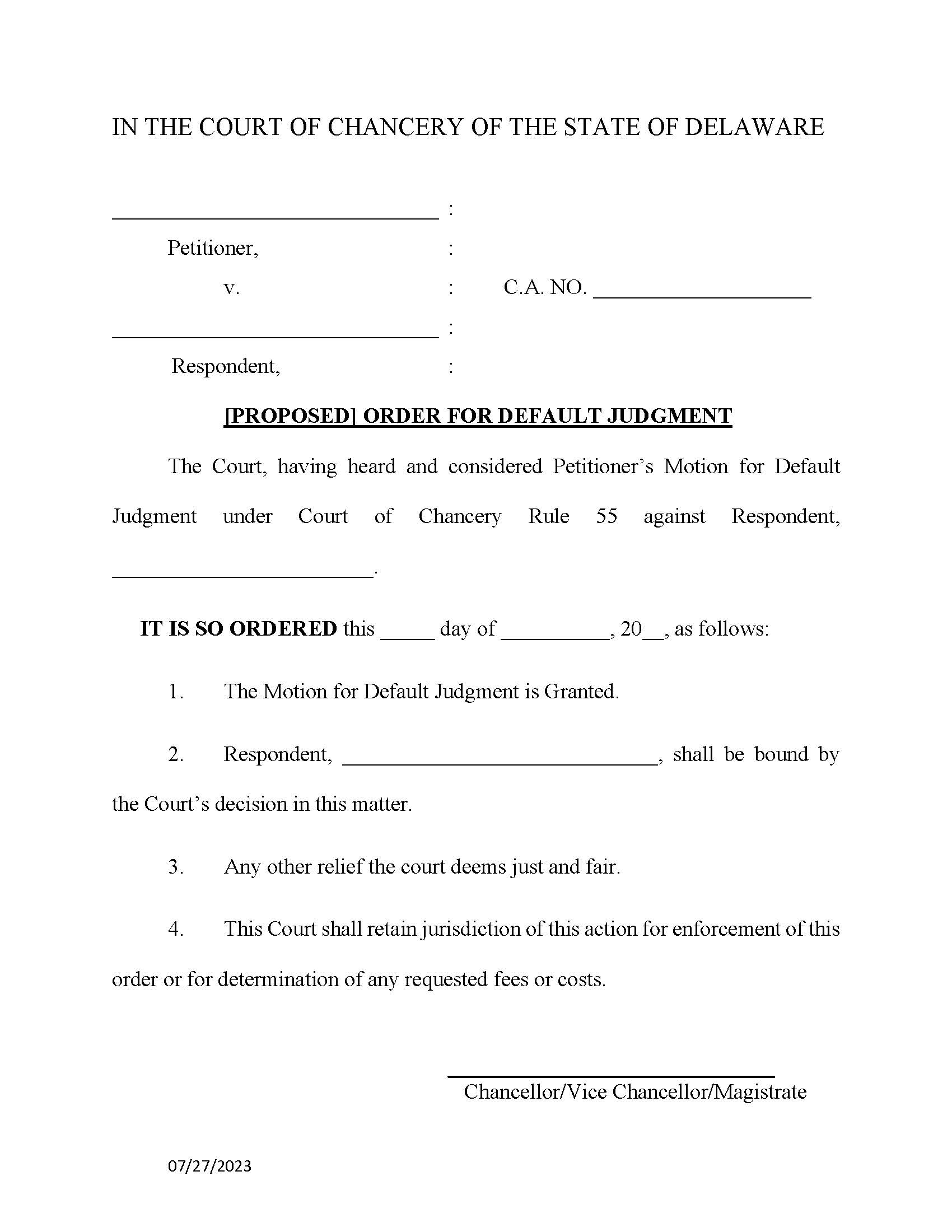 CA Order For Default Judgment {CA ORD DEFAU} | Pdf Fpdf Docx | Delaware