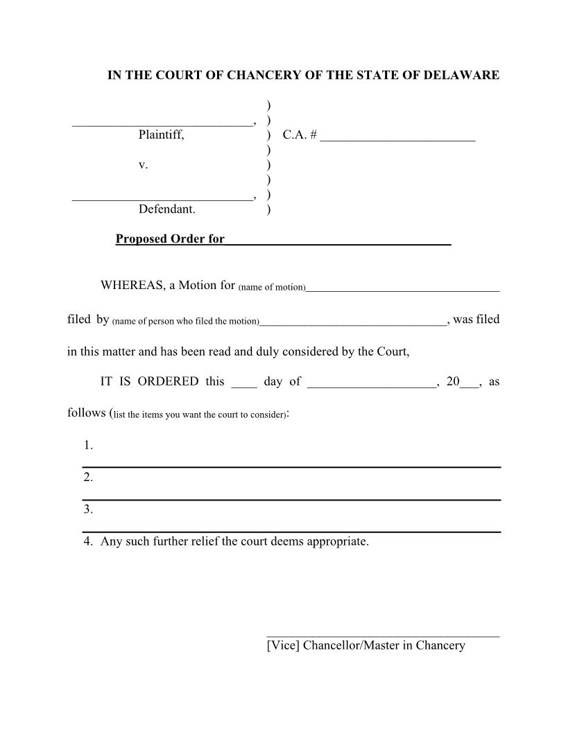 CA Pro Se Generic Proposed Order {CA ORD GEN P} | Pdf Fpdf Docx | Delaware