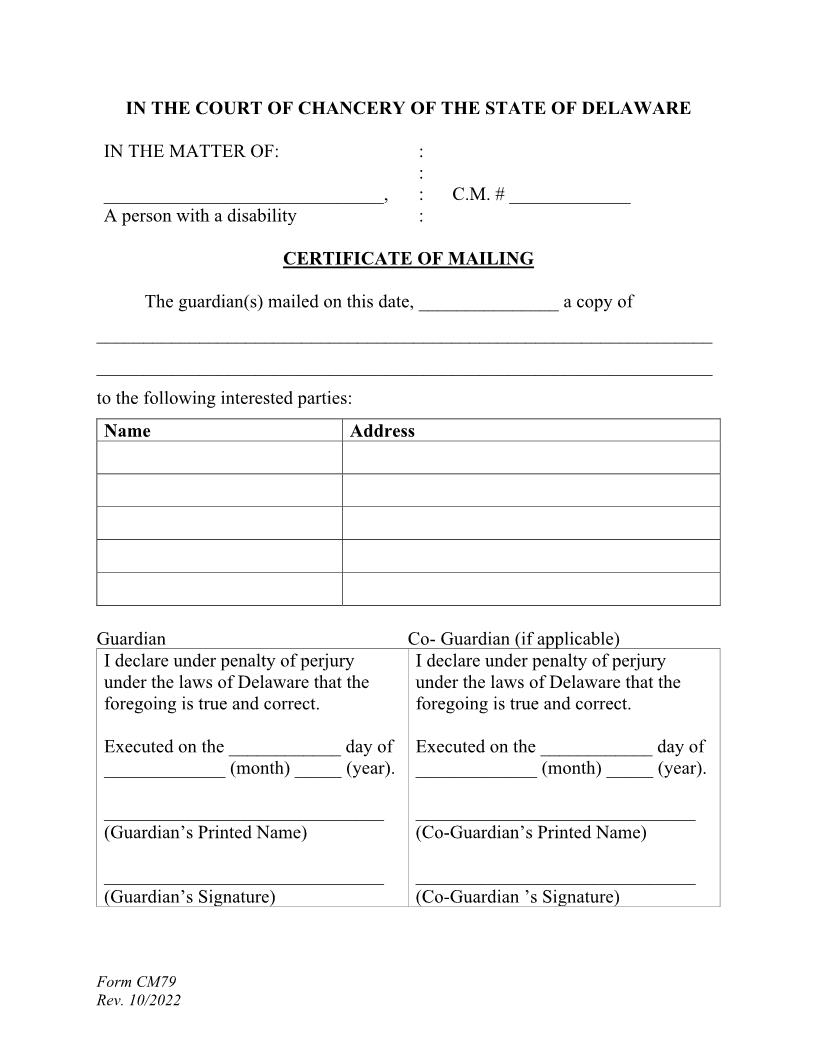 Certificate Of Mailing (Guardianship Case-Not New Case) {CM79} | Pdf Fpdf Docx | Delaware