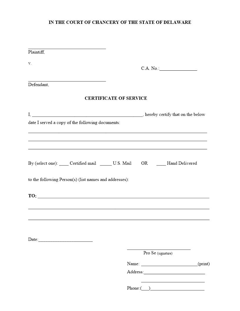 Certificate Of Service | Pdf Fpdf Docx | Delaware