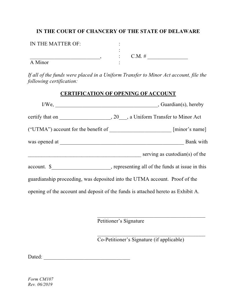 Certification Of Opening UTMA (Minor Limited Guardianship) {CM107} | Pdf Fpdf Docx | Delaware
