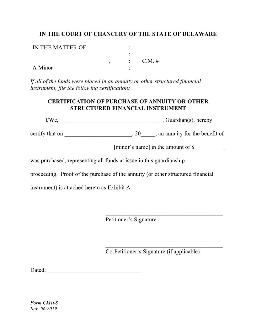 Certification Of Purchasing An Annuity Or Structured Settlement (Minor Limited Guardianship) {CM108} | Pdf Fpdf Docx | Delaware
