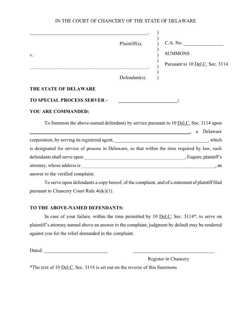 Civil Action 3114 Summons Form {CA SMS 3114} | Pdf Fpdf Docx | Delaware